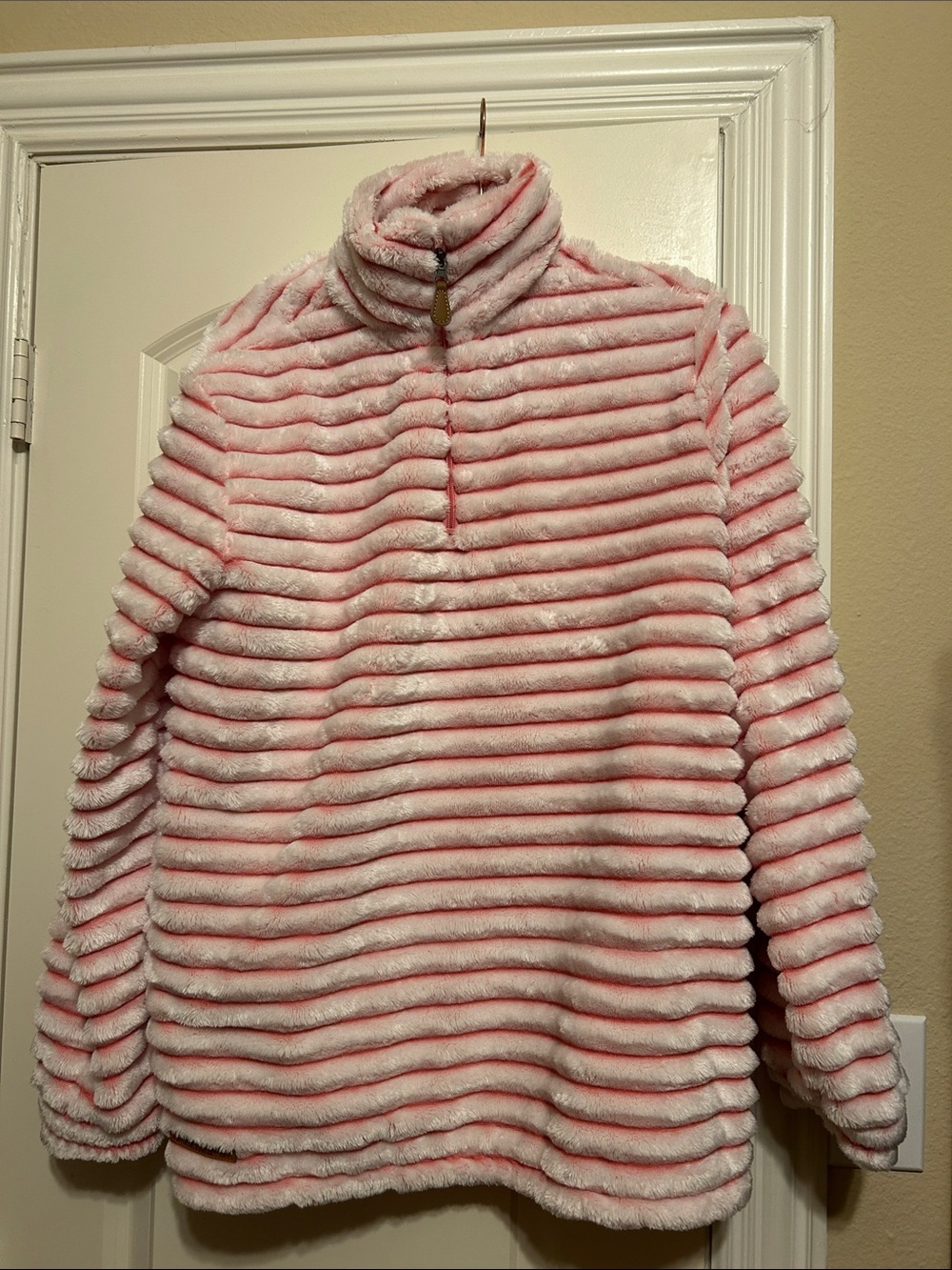 Simply Southern Pink and White Striped Fluffy Plush Quarter-Zip